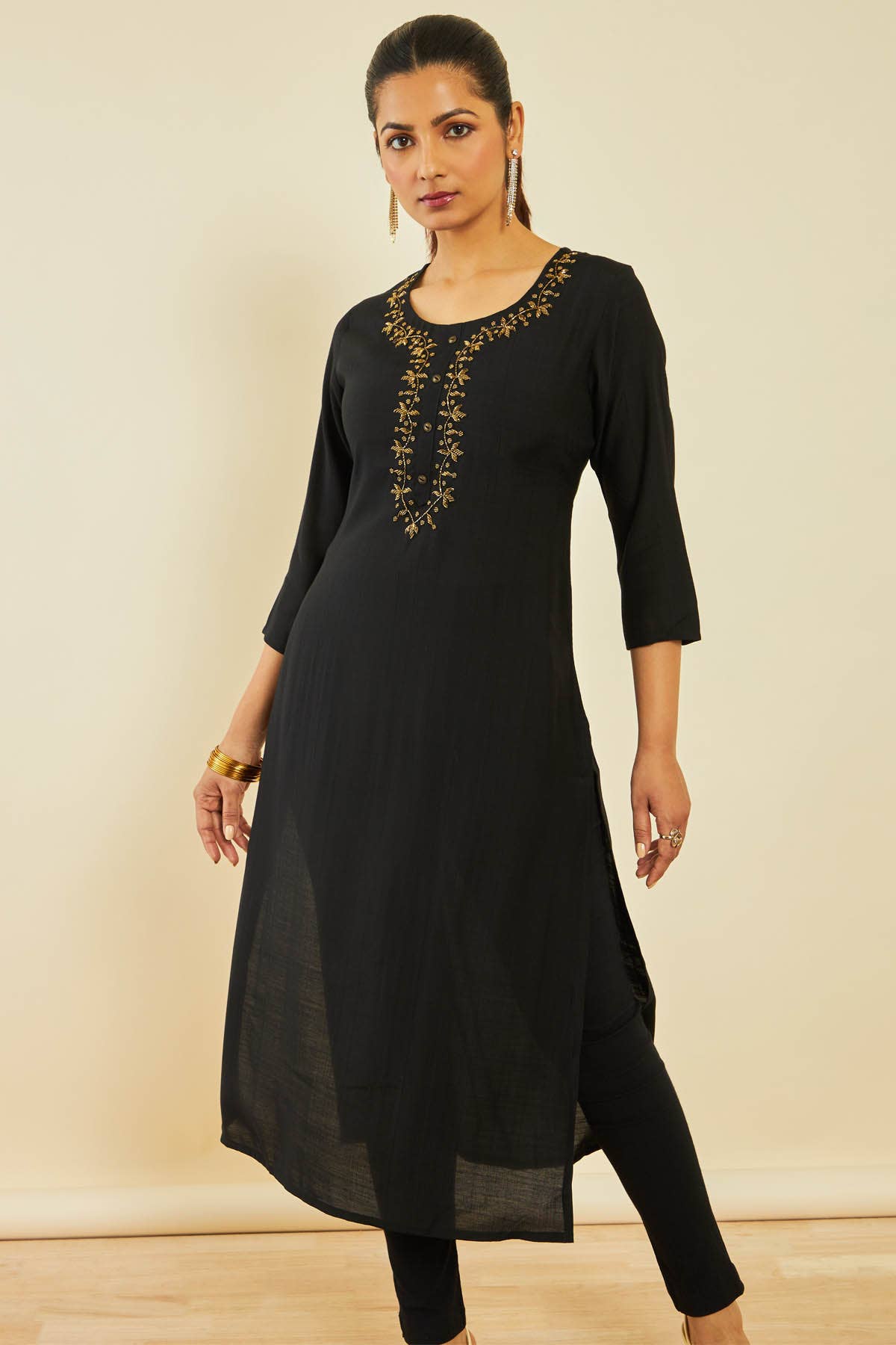 Black Viscose Blend Straight Kurta with Floral Cutdana Work - Image 4
