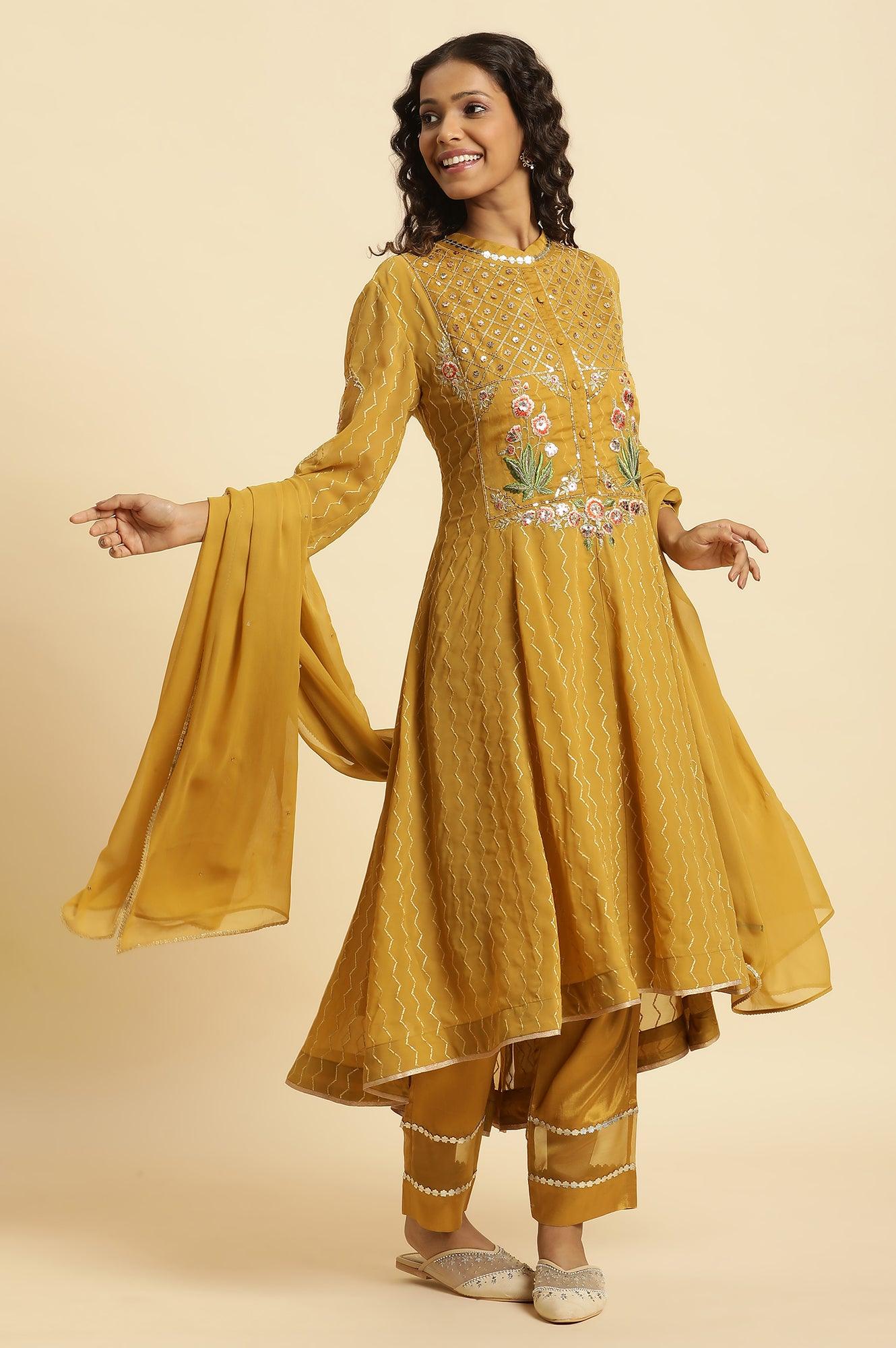 Yellow Embroidered Kurta, Pants And Dupatta Set - Image 9