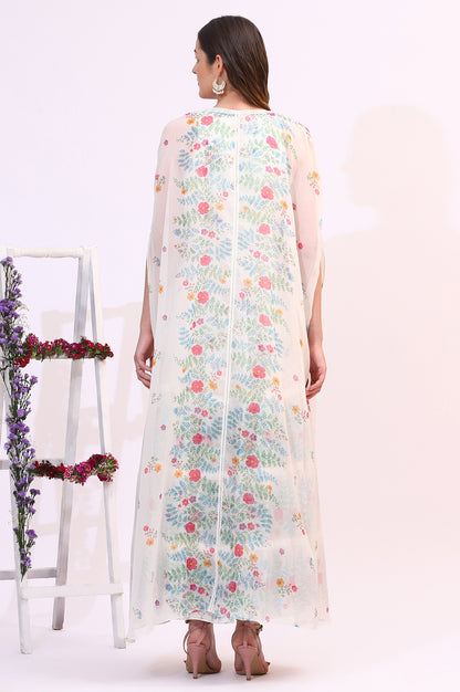 White Floral Printed Chiffon Tiered Flared Dress with Printed Cape - Image 3