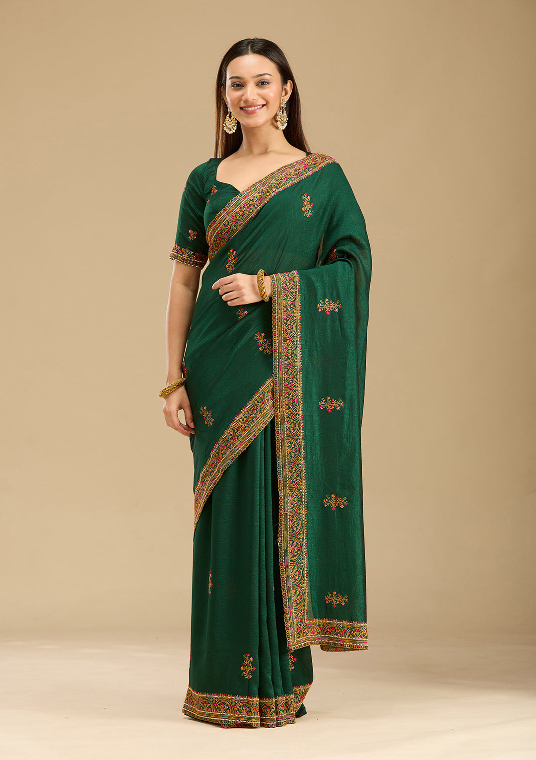 Bottle Green Kashmiri Soft Raw Silk Saree
