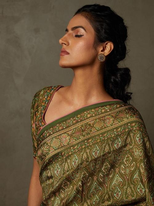 Olive & Beige Shereen Saree With Unstitched Blouse - Image 2