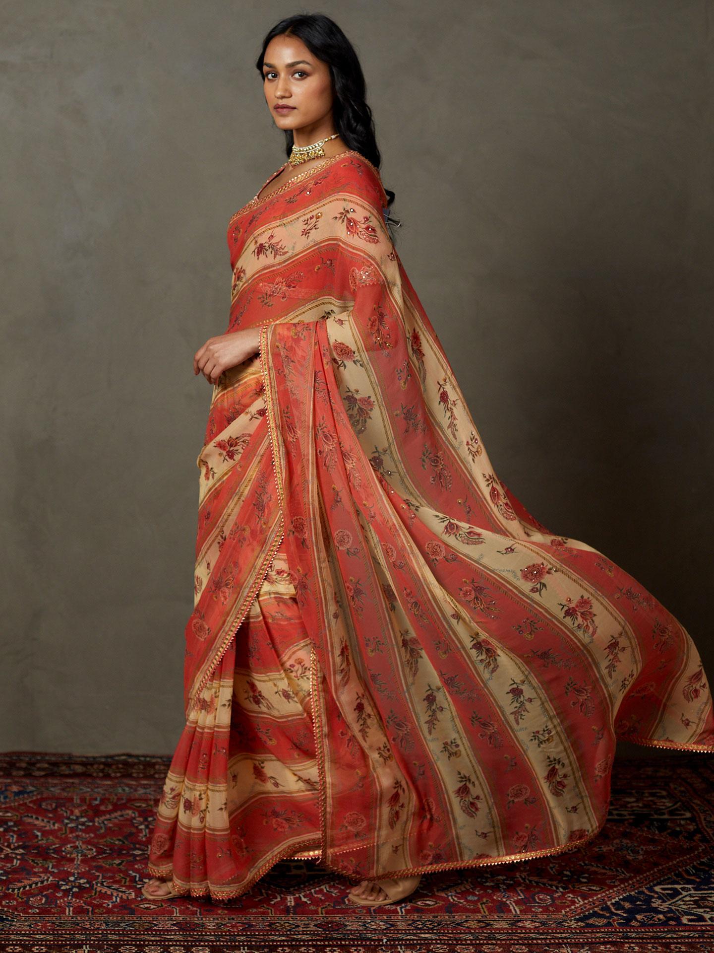 Peach & Multi Dahlia Saree With Unstitched Blouse - Image 3